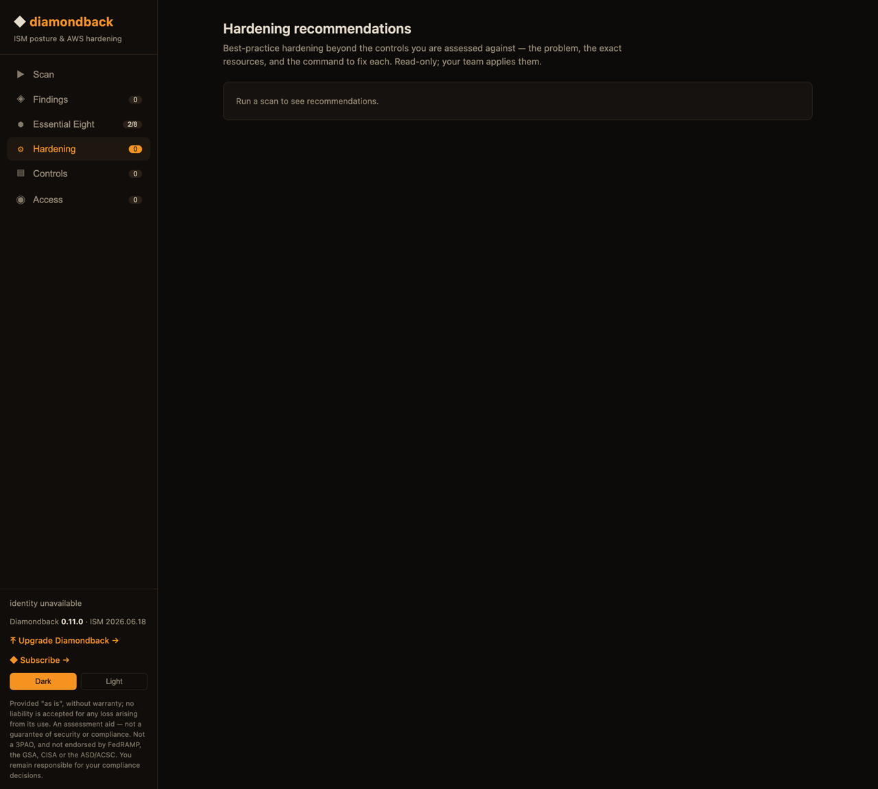 Diamondback hardening recommendations listing affected AWS resources, the CLI command that fixes each, and the public benchmarks the finding implements